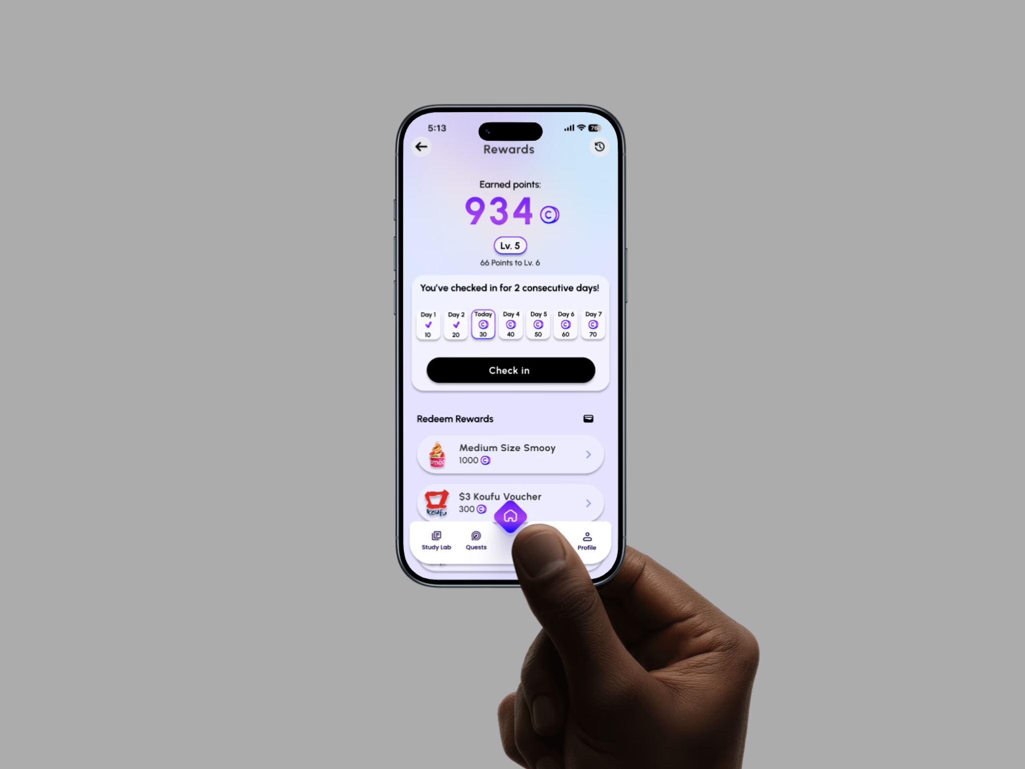 aceSP rewards screen with points, level progress and a daily check-in streak