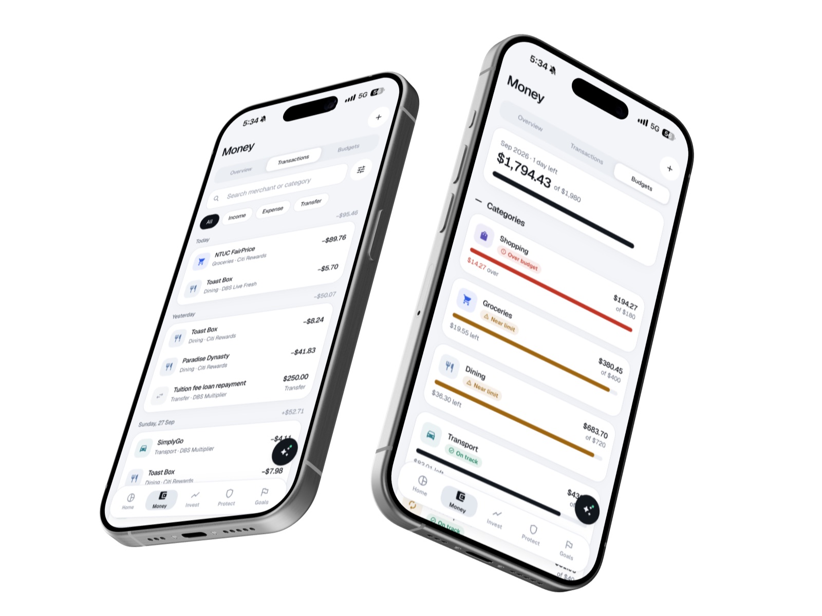 Finora transactions list and budgets with on-track, near-limit and over-budget states