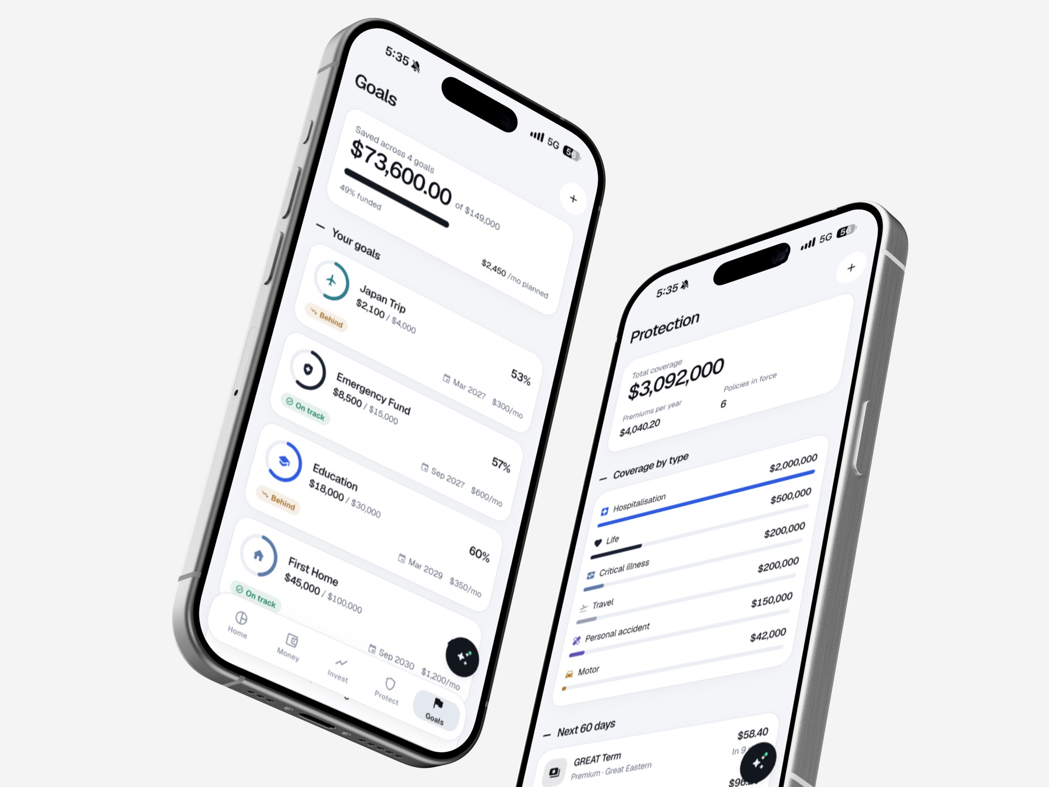 Finora goals with progress rings and protection coverage by policy type