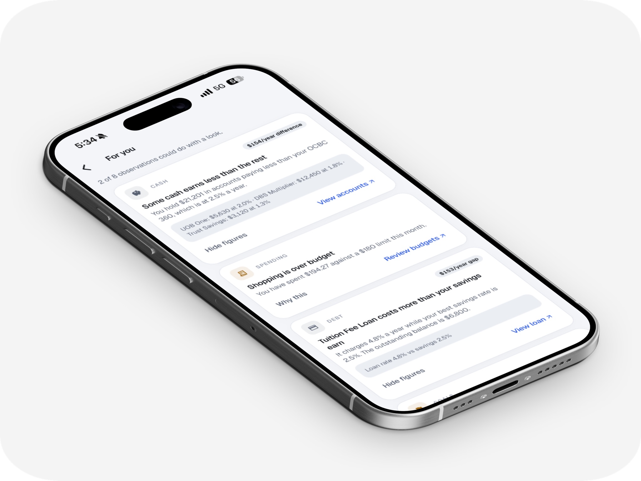 Finora For you screen listing observations about cash, spending and debt