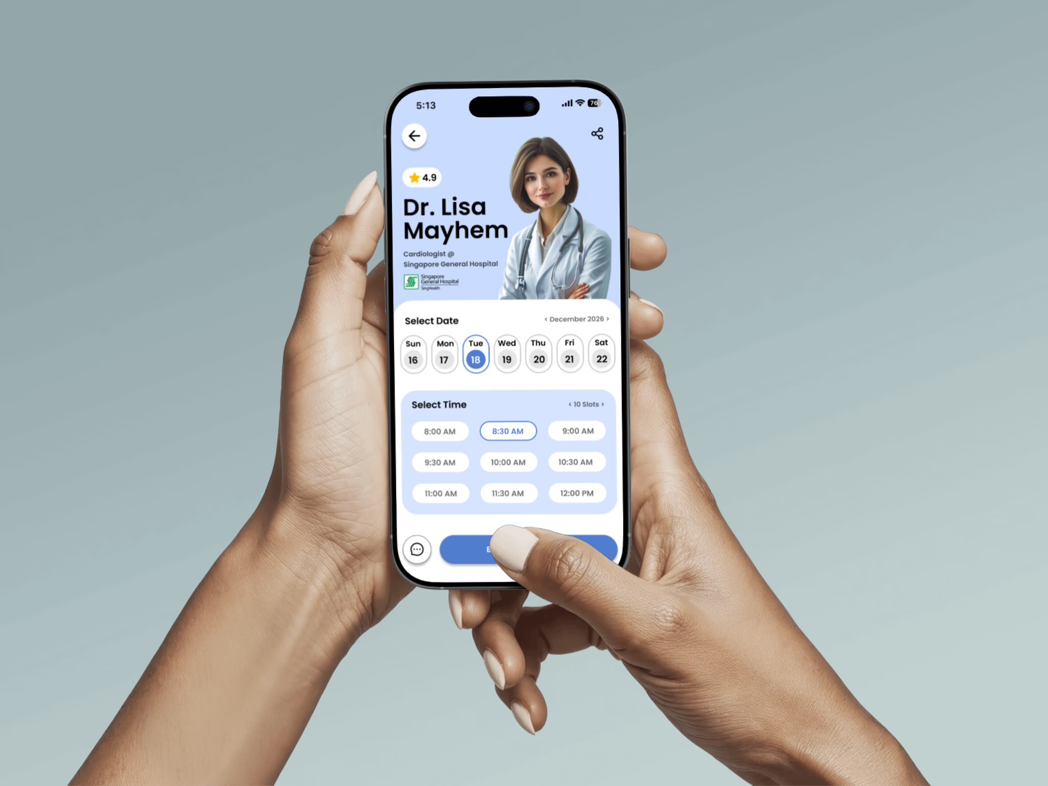 MediMind booking screen with a date picker and available time slots