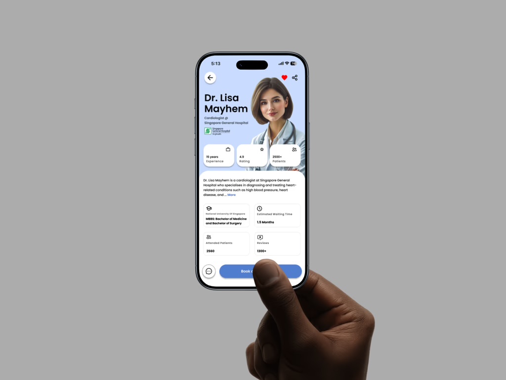 MediMind doctor profile showing experience, patient numbers and estimated waiting time
