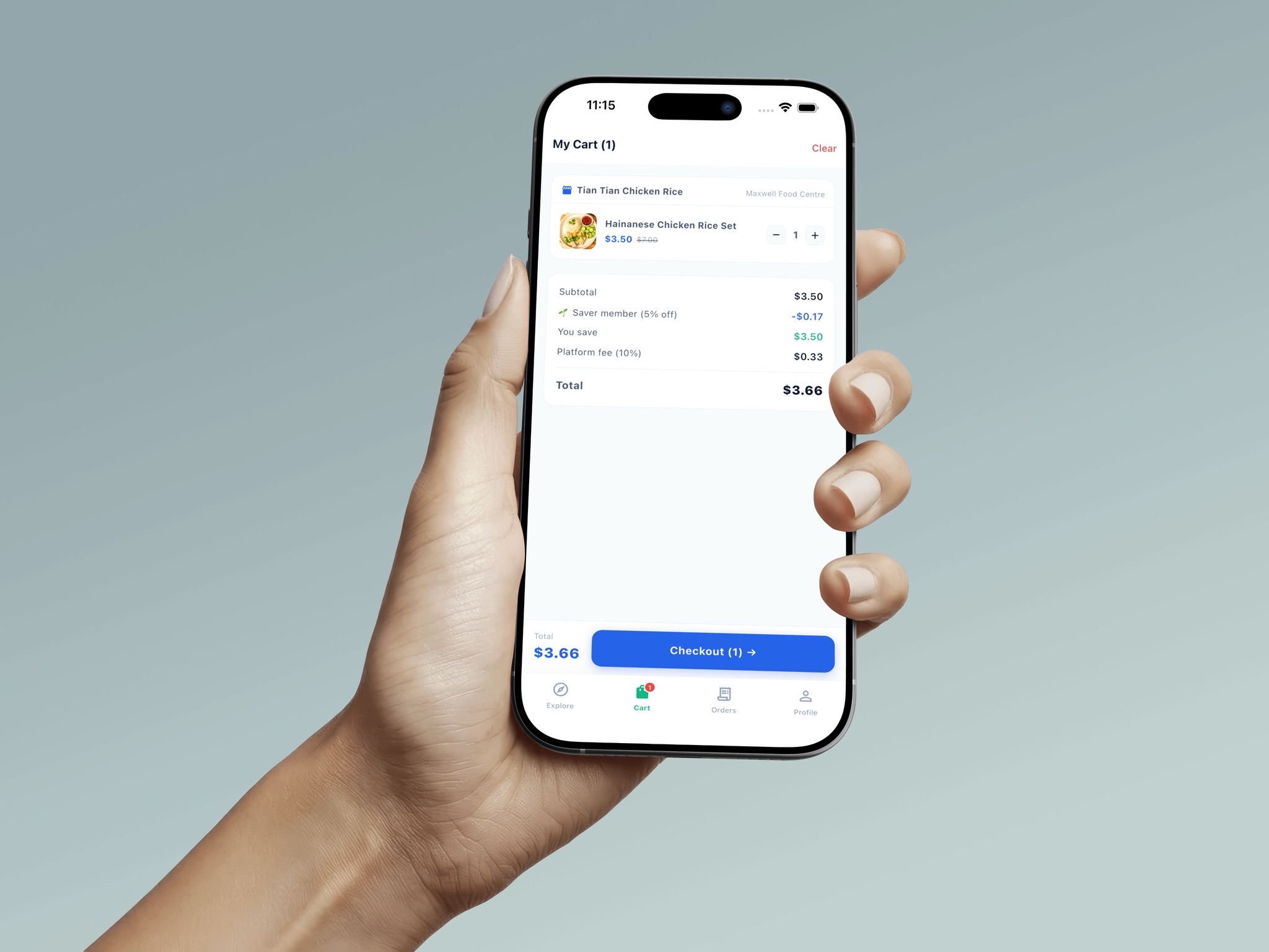 SurplusGo cart showing subtotal, member discount and platform fee
