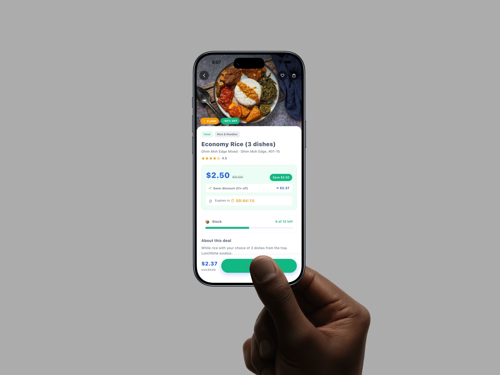 SurplusGo deal detail showing the discount, dollars saved and a countdown