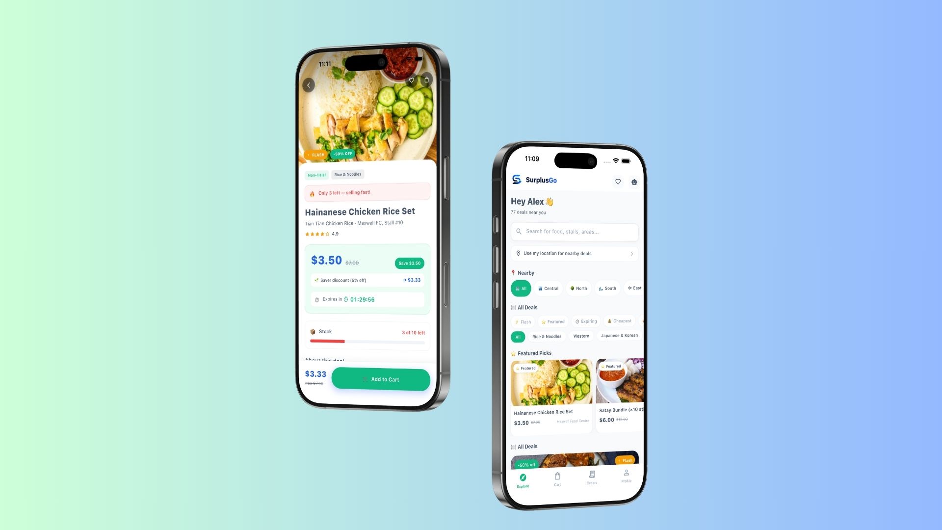 SurplusGo nearby deals feed alongside a discounted meal listing